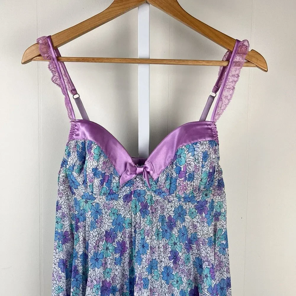 Vintage Cinema Etoile‎ Seductive Wear Chemise Purple Blue Floral Womens Medium - Picture 2 of 8